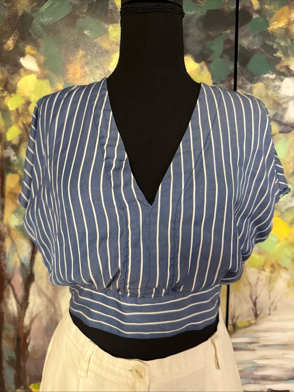 Jun & Ivy Blue Stripe Tie Back Boho Crop Top M
